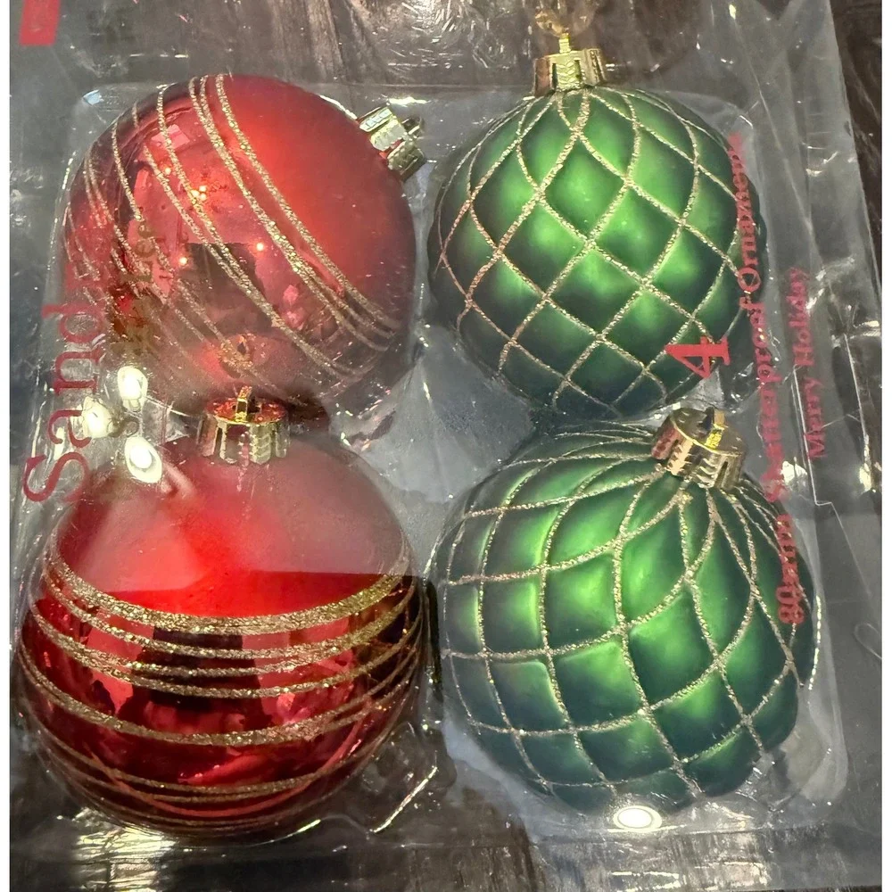 Sandra Lee 80mm Christmas Holiday Ornaments Red Green Shatterproof 8pc Set